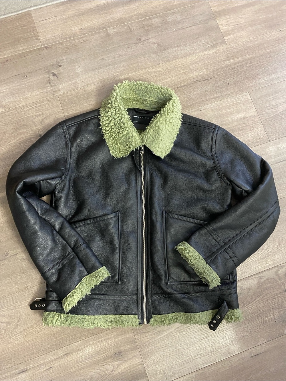 Men's Black Leather Jacket with Olive Shearling Trim